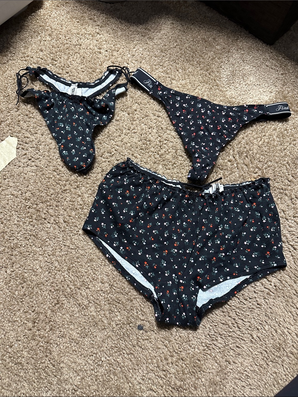 NWT PINK Victoria's Secret Black Floral panty Set